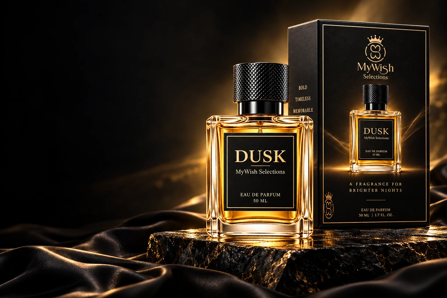 Dusk 50 ml perfume bottle and its black-and-gold packaging on a stone pedestal